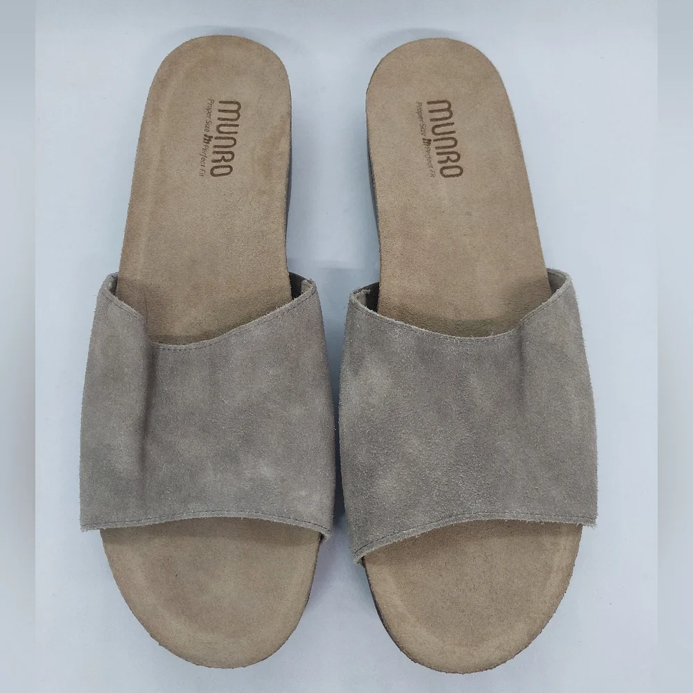Munro Laya Women's 12M Taupe Suede Slide Sandals Slip On Open Toe Shoes